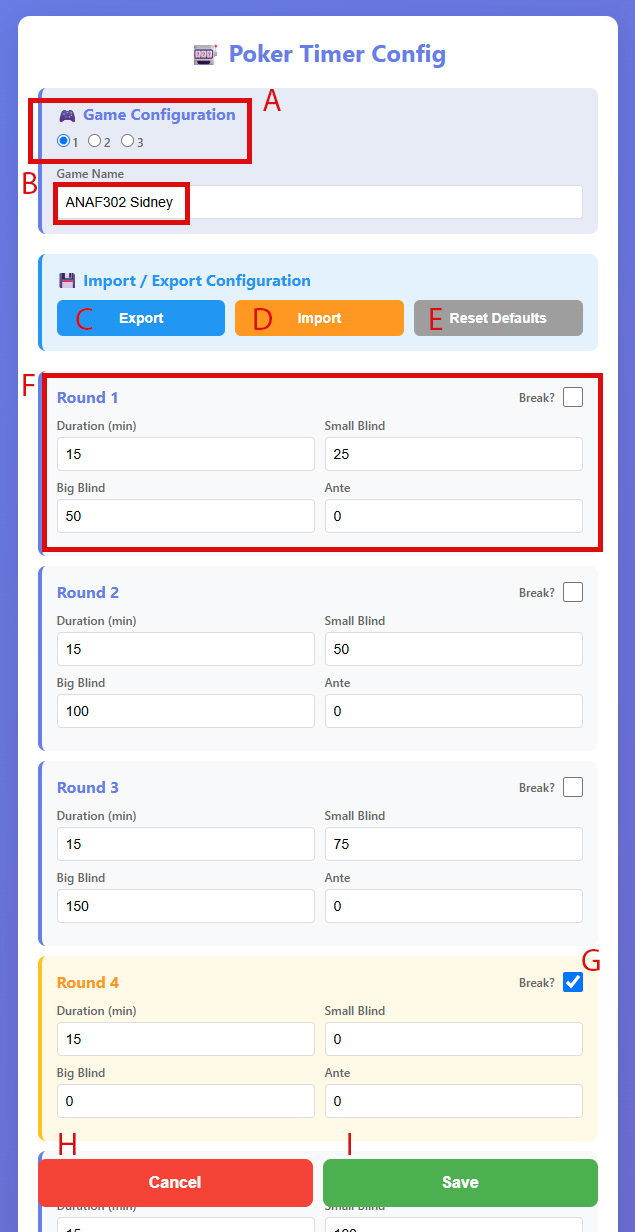 Configuration page with labeled controls A through I